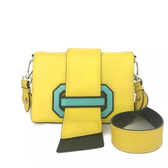 PRADA Plex Ribbon Logo Leather Shoulder Bag Yellow - Picture 1 of 8